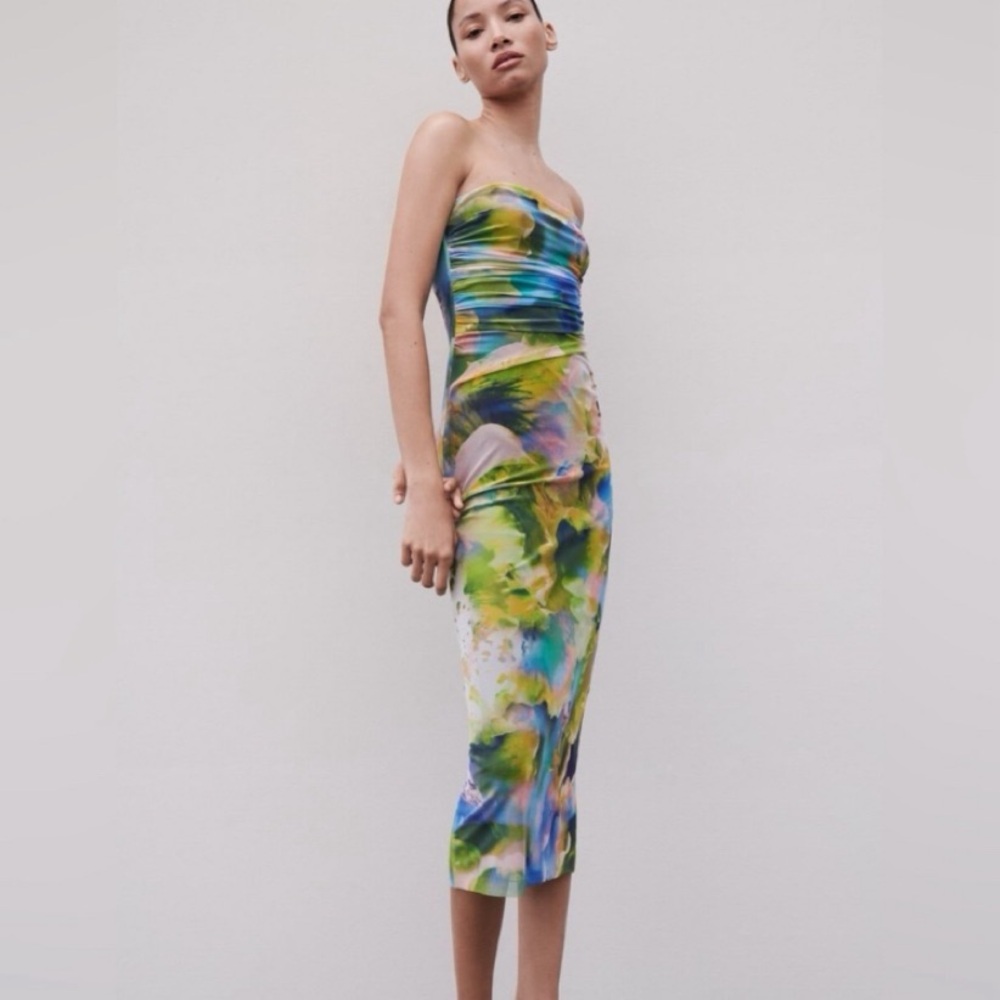 Zara Watercolour Strapless Midi Dress